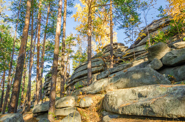 Rocks made of stones in the forest covered with trees in autumn.