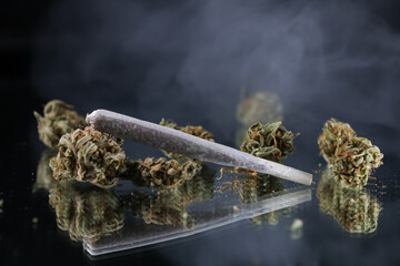 Cannabis branch and joint in the smoke on a black background. Marijuana legalization. Medical cannabis. Drug addiction.	