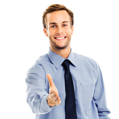 Businessman giving hand for handshake, isolated over white background. Success in business, wellcome concept. Studio portrait of man in grey confident clothing. Square composition picture.