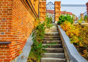 A stone staircase leading up near the house.