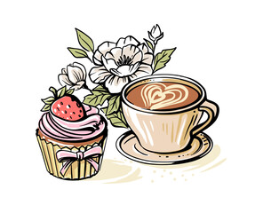 coffee with peonies and cupcake