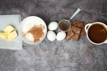 ingredients for baking chocolate cake.