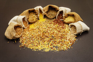 Assorted variety of cereals in handmade sacks