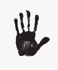 Black print of human hand, skin texture pattern. Scanning the palm and fingers on white background, grunge vector illustration. Children or adult handprint for art, fun, kid, identity, education