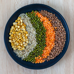 Different grains in the bowl: rice, moong beans, dal and buckwheat