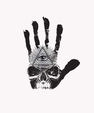 Black handprint with a sinister human skull and an all-seeing eye symbol on a white background. Vector hand-drawn banner on the theme of occultism or alchemy with the third eye on the open palm