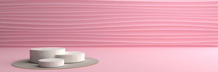 3D rendering of Round marble Podium, golden border, The light shines The pink wall into waves scene with pretty. Pedestal Can be used for commercial advertising, Isolated on pink background.