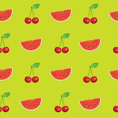 Seamless pattern with juicy watermelon slices and ripe cherries. Summer vector background with red sour cherry and sweet watermelon on green backdrop. Wallpaper, wrapping paper, fabric, fruit design