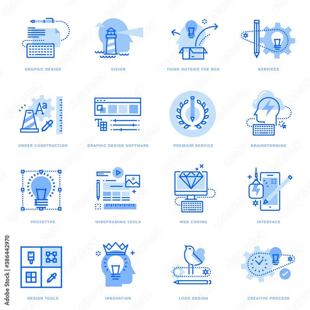 Poster set of flat line icons of graphic design and creative process. vector concepts for website and app d