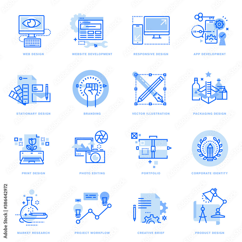Poster set of flat line icons of graphic and web design and development. vector concepts for website and ap