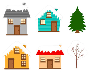Set of winter houses christmas tree vector illustration