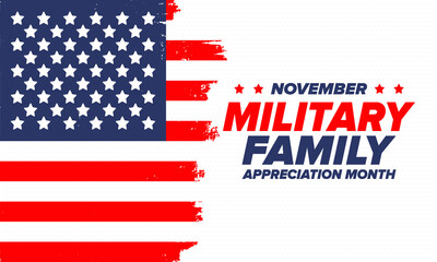 National Military Family Month in United States. Celebrate annual in November. Thank you for military family. Patriotic american elements. Poster, card, banner, background. Vector illustration