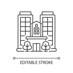 Condominium pixel perfect linear icon. Tall building. High house. Skyscraper complex. Thin line customizable illustration. Contour symbol. Vector isolated outline drawing. Editable stroke