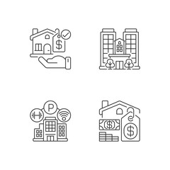 Business property pixel perfect linear icons set. Real estate. Skyscraper and condominium. Customizable thin line contour symbols. Isolated vector outline illustrations. Editable stroke