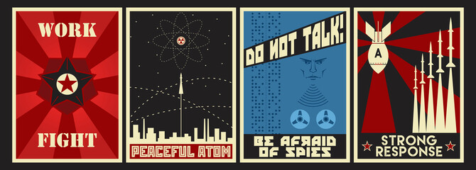 Old Soviet Propaganda Posters Style, Work, Fight, Peaceful Atom - obrazy, fototapety, plakaty