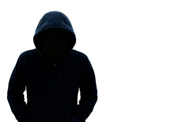 A man with a hood does not see his face. Danger in the dark On a white background With a blank...