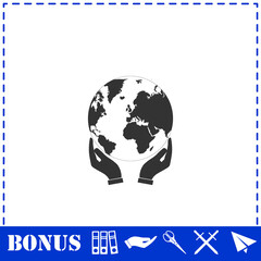 Hands holding globe earth icon flat