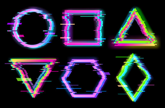 Colorful glitch geometric shapes, frames set with neon effect on black background, circle, square, rhombus, triangle, hexagon, vector illustration