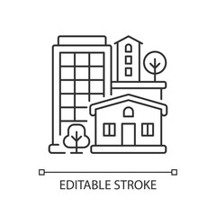 Obraz premium Property type pixel perfect linear icon. Office building in downtown. Residential house. Thin line customizable illustration. Contour symbol. Vector isolated outline drawing. Editable stroke