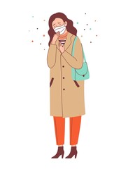 Sick Masked Woman Stand and Cough. Vector Illustration of Infected Person.
