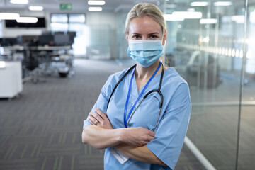 Portrait of female health professional wearing face mask at workplace