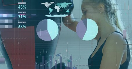 Statistical data processing against female boxer resting - Powered by Adobe