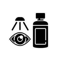 Eyewash black glyph icon. Medicinal eye shower. First aid wash. Cleaning rinse. First aid drops. Emergency cleanser for chemical burn. Silhouette symbol on white space. Vector isolated illustration