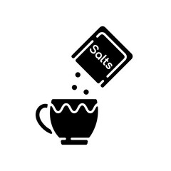 Oral rehydration salts black glyph icon. Medical salts for diarrhea treatment. Dehydration remedy. Powder pack for patient therapy. Silhouette symbol on white space. Vector isolated illustration