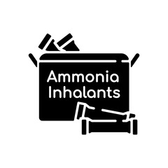 Ammonia inhalants black glyph icon. Smelling salts or respiratory problem. Powder pack for nasal inhalation. Remedy for lightheadedness. Silhouette symbol on white space. Vector isolated illustration