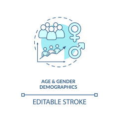 Age and gender demographics concept icon. Social media demographics idea thin line illustration. Target audience on network. Social strategy. Vector isolated outline RGB color drawing. Editable stroke