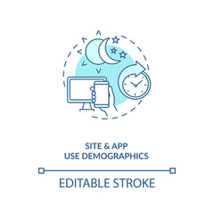 Site and app use demographics concept icon. Social media demographics idea thin line illustration. Consumer adoption statistics. Vector isolated outline RGB color drawing. Editable stroke