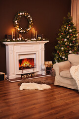 Fireplace and gifts under the Christmas glowing tree
