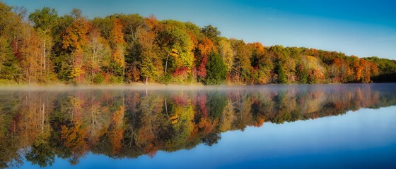 Rose Lake on foggy morning. Mist over water with colorful trees in hocking hills ohio on clear fall morning. Autumn tones of red, yellow, and orange in trees on waters edge. Reflection visible.