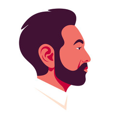 A man's face in profile with a beard. Asian guy's head side view. Avatar for a social network. Vector flat illustration