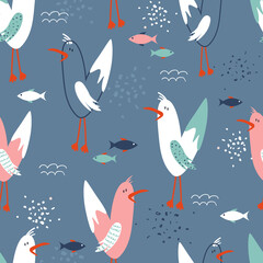 Seamless pattern, birds and fishes, hand drawn overlapping backdrop. Colorful background vector. Cute illustration, seagulls. Decorative wallpaper, good for printing