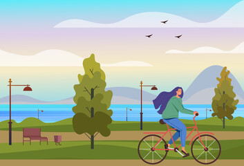 Happy smiling woman character riding bike in public park. Vector flat graphic design illustration