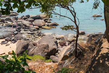 View of the rocky shore of the Indian ocean