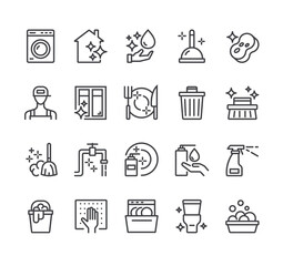 Cleaning housekeeping washing line icon isolated set. Vector flat graphic design
