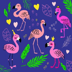 Cute pink flamingos. Summer Set with Cartoon Birds, Leaves, Crown, Hat. Suitable for tropical T-shirt prints, birthday invitations. Vector design.