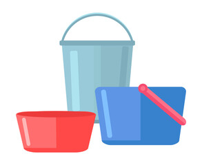 Plastic basins and bucket set cartoon illustration. Containers for water and food products isolated on white background. Plastic pelvis for washing dishes and clothes. Capacity for household chores