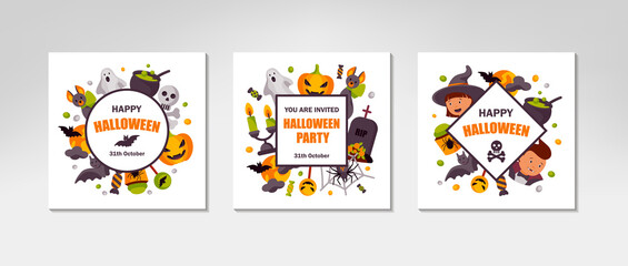 Pack of colorful cute Halloween designs for kid’s party invitation. Space for text. Vector illustration