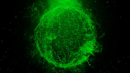 Abstract blurred green plexus effect background. Fire planet earth with particles. Mess communication technology network background with moving lines. Tech connection futuristic web concept texture.