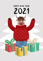 Happy New Year 2021. New Year's card. Greeting card design with a cute bull with colorful bright clothes and gifts. Chinese New Year. Vector illustration.