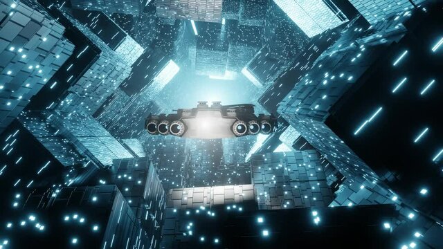 Spaceship flying to space station sci-fi background. 4K seamless loop sci-fi animation. Futuristic technology spacecraft flying on alien colony.