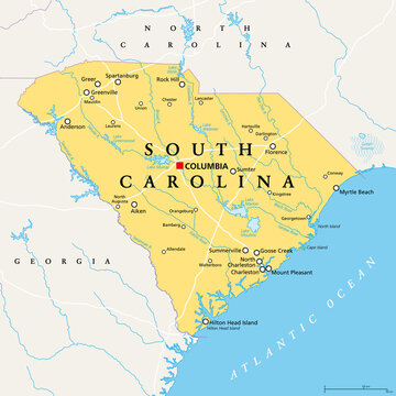 South Carolina, SC, political map, with the capital Columbia, largest cities and borders. State in the southeastern region of the United States of America. The Palmetto State.  Illustration. Vector.