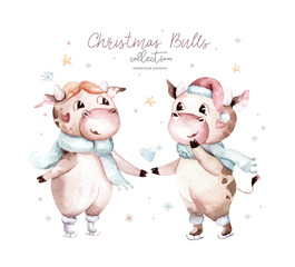 Watercolor cartoon illustration. Symbol of the year 2021. Funny and cute Bull. Christmas illustration.