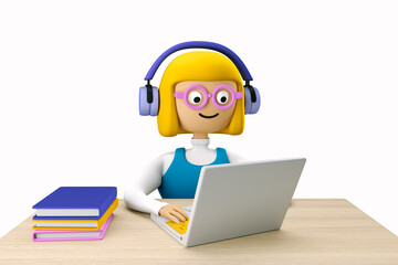 Schoolgirl Sophie learn from home by laptop. 3d character of a schoolgirl in headphones with a laptop. 3d illustration. 3d rendering
