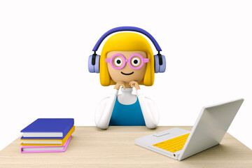 Schoolgirl Sophie learn from home by laptop. 3d character of a schoolgirl in headphones with a laptop. 3d illustration. 3d rendering