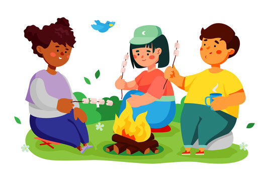 Children roasting marshmallows over campfire - colorful flat design style illustration