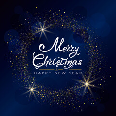 Merry Christmas and Happy New Year 2021. Greeting card with hand drawn lettering gold glittering round on blue background. For holiday invitations, banner, poster. Vector illustration.